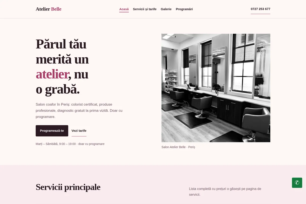 Previzualizare reală a paginii Acasă din modelul Atelier Belle