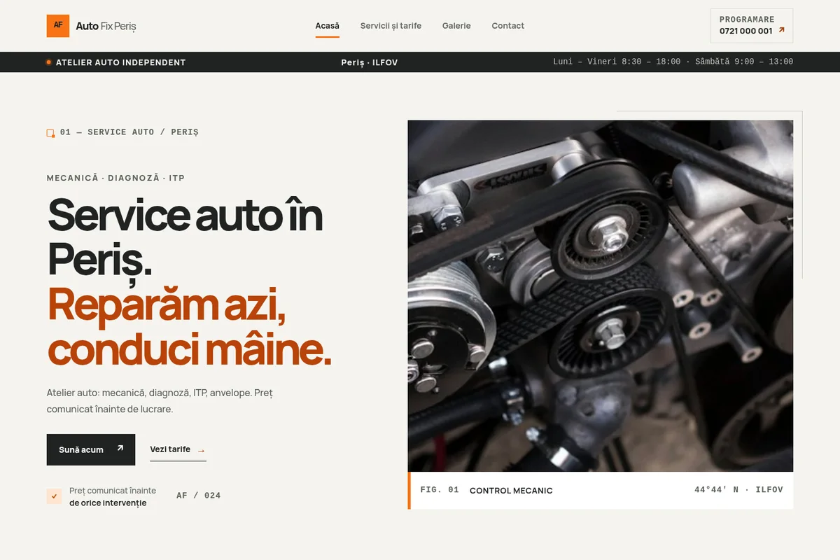 Previzualizare reală a paginii Acasă din modelul AutoFix
